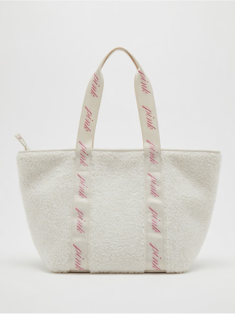 Victoria’s Secrete Cream Sherpa Tote Bag with Pink Script Handles